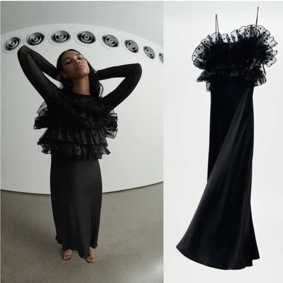 ZARA Organza Ruffle Slip Dress Polka Dot Midi Maxi Black Bloggers Fav - Picture 3 of 10